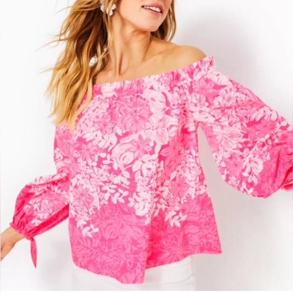 Lilly Pulitzer Tops - Lilly Pulitzer Jamie Lynn 3/4 Tie Sleeve‎ Off The Shoulder Top Blouse Sz-S NWOT